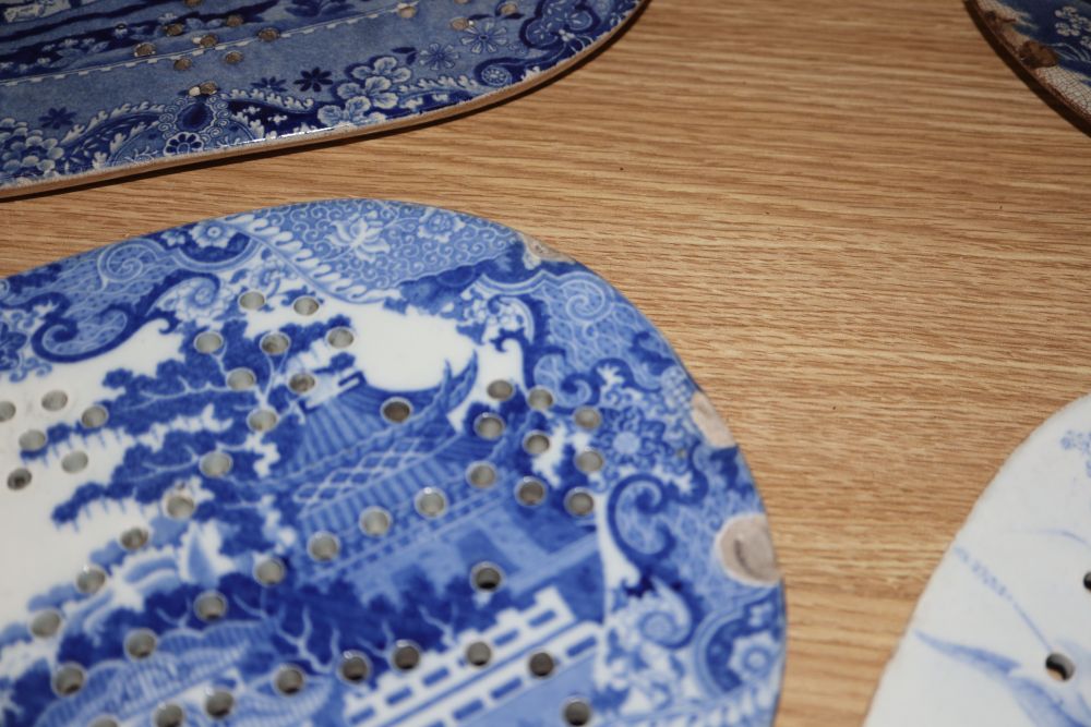 Four 19th century Staffordshire blue and white mazarines, longest 34cm